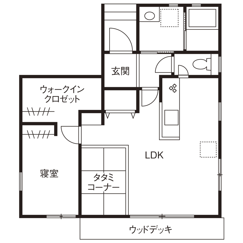 クレバリーホーム/住生活研究所 【平屋｜1000万円台｜間取り有】コンパクトでもLDKは広々！働く「おひとりさま」のカフェ風家事ラク平屋の間取り図（1LDK）１階