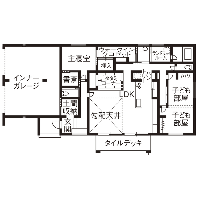 クレバリーホーム/住生活研究所 【三重県｜平屋×インナーガレージ｜3000万円台｜間取り有】ゆったり寛げるLDK。木とグレーの家事ラクな家の間取り図（3LDK＋タタミコーナー）１階