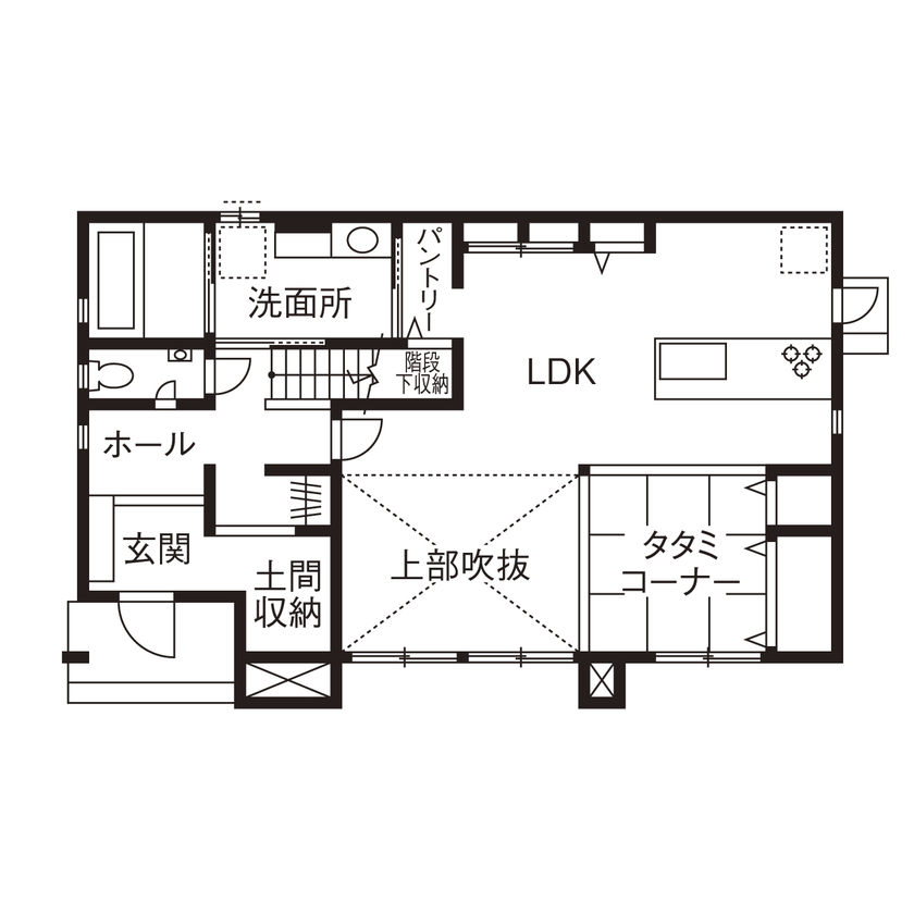 クレバリーホーム/住生活研究所 【吹抜けリビング｜2000万円台｜間取り有】オシャレで家事ラク。ラグジュアリー＆モダンなタイル外壁の家の間取り図（3LDK）１階