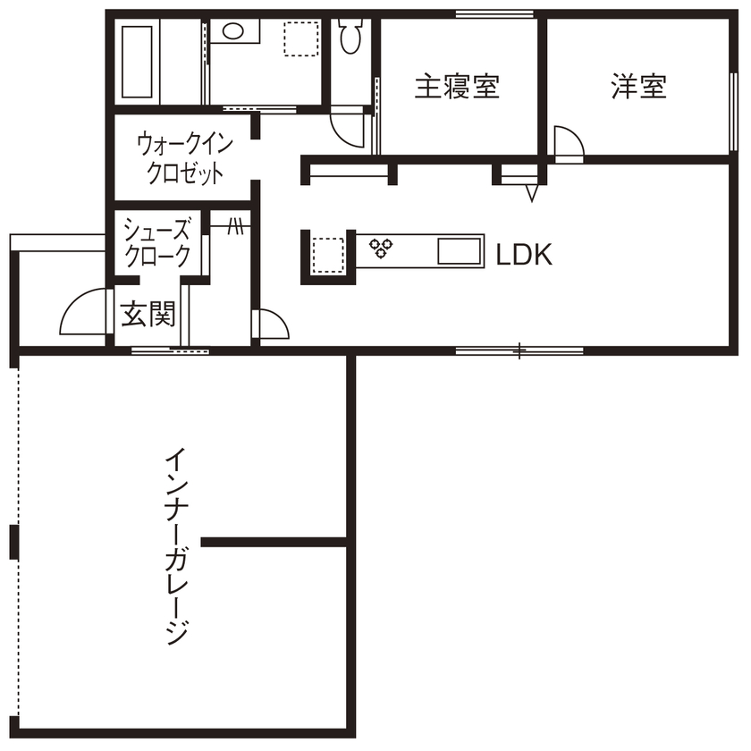 クレバリーホーム/住生活研究所 【岐阜県｜2000万円台｜平屋のガレージハウス】外遊びも家時間も充実！手間がかからないタイル外壁の平屋の間取り図（2LDK）１階
