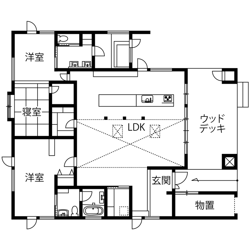 ASOLIE | ミラタップ 【ハイグレード・間取り図あり】大胆な窓デザインでライトアップも美しい別荘の間取り図（3LDK）1階