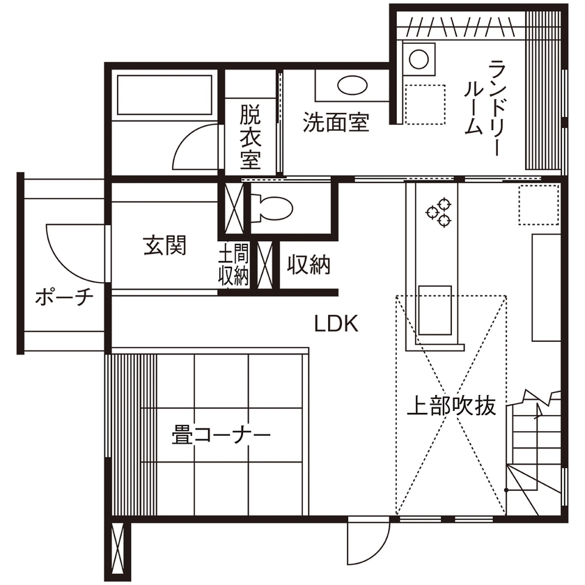 建築のひら木 一級建築士事務所 【UA値0.44 C値0.32/ZEH】期待通りの住宅性能と家事ラクを実現した「安心して暮らせる」スタイリッシュな家の間取り図（2LDK＋書斎）1階