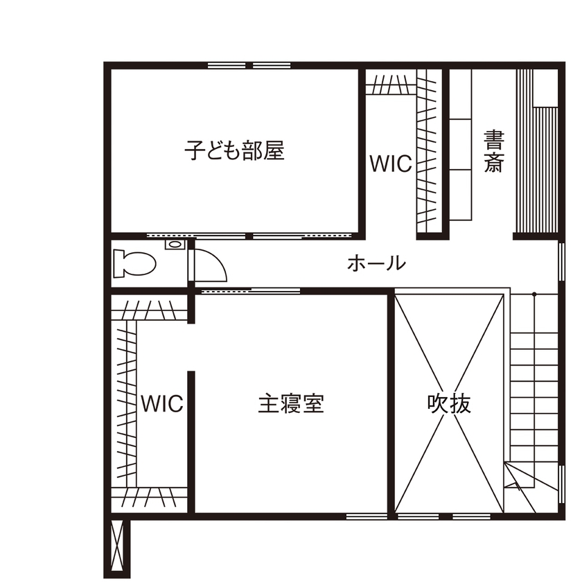 建築のひら木 一級建築士事務所 【UA値0.44 C値0.32/ZEH】期待通りの住宅性能と家事ラクを実現した「安心して暮らせる」スタイリッシュな家の間取り図（2LDK＋書斎）2階