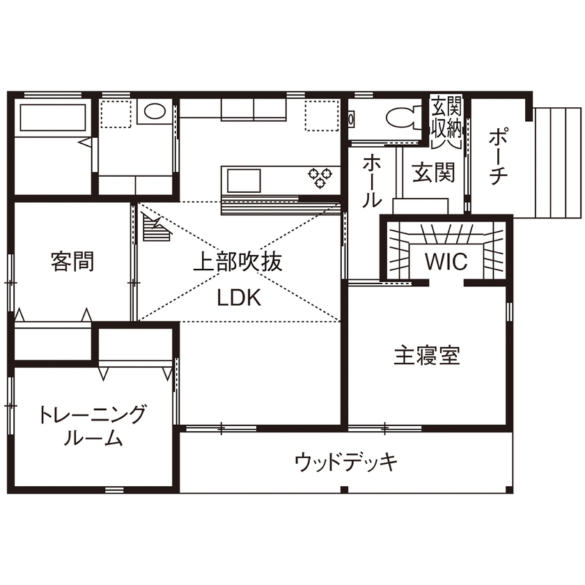 建築のひら木 一級建築士事務所 【UA値0.45 C値0.44/高気密・高断熱住宅】バリアフリーに配慮した快適でスタイリッシュな平屋の住まいの間取り図（3LDK）1階