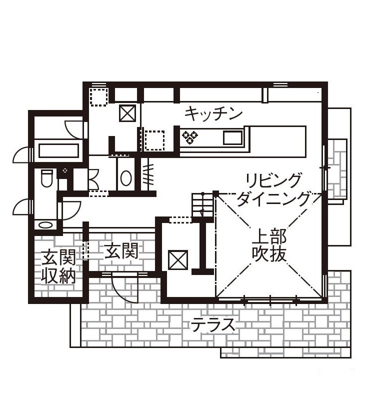 ダイワハウス 【36坪/夫婦+猫1匹/間取り図あり】吹き抜けにリビング階段が映えるカフェ風の家　写真14点掲載の間取り図（2LDK）1階
