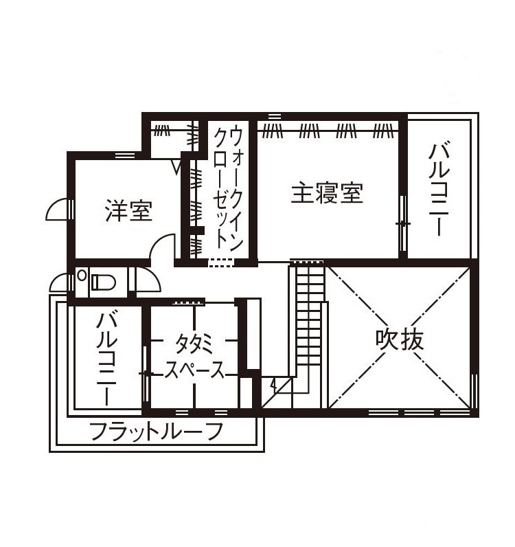 ダイワハウス 【36坪/夫婦+猫1匹/間取り図あり】吹き抜けにリビング階段が映えるカフェ風の家　写真14点掲載の間取り図（2LDK）2階