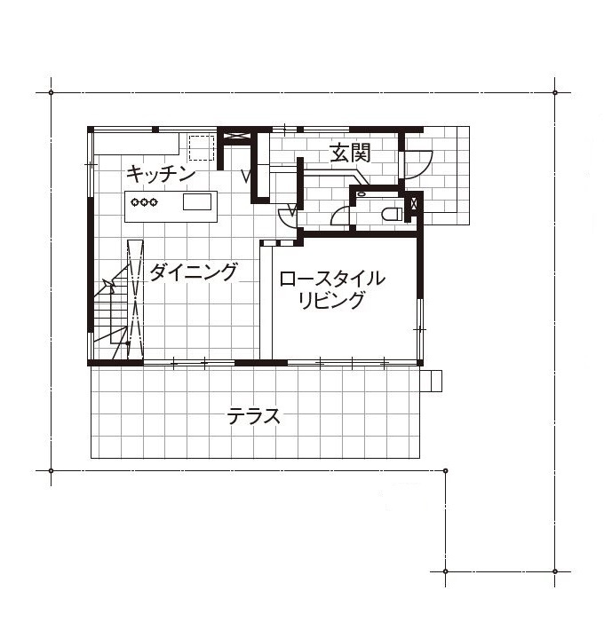ダイワハウス 【36坪/夫婦＋犬1匹/間取り図あり】無垢板張り天井の大空間LDK　天然木とタイルが調和するシックモダンな家の間取り図（3LDK）1階