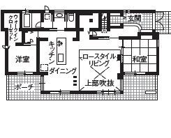 ダイワハウス 【65坪/夫婦＋子ども1人/間取り図あり】ロースタイルリビングを吹き抜けにした「白」の家　写真10点掲載の間取り図（5K以上）1階
