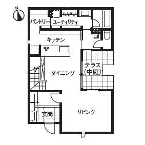 ダイワハウス 【37坪/夫婦/間取り図あり】　中庭を囲むタイルフロアのモダンな家　写真10点掲載の間取り図（3LDK）1階