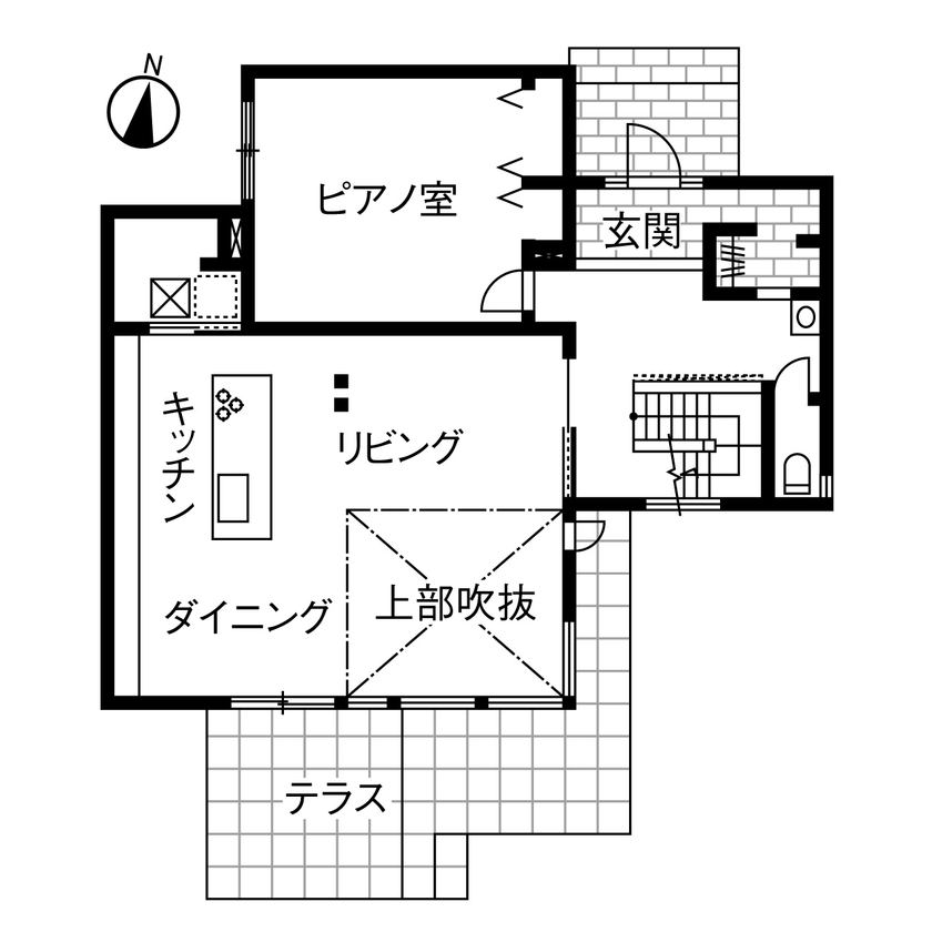 ダイワハウス 【47坪/夫婦/間取り図あり】　吹き抜けに連続窓がダイナミックに映える家　写真８点掲載の間取り図（3LDK）1階