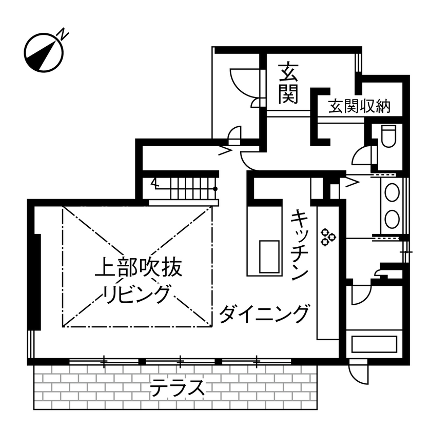 ダイワハウス 【40坪/夫婦＋子ども1人＋犬/間取り図あり】　鉄骨梁が映える吹き抜けリビングの家　写真10点掲載の間取り図（3LDK）１階