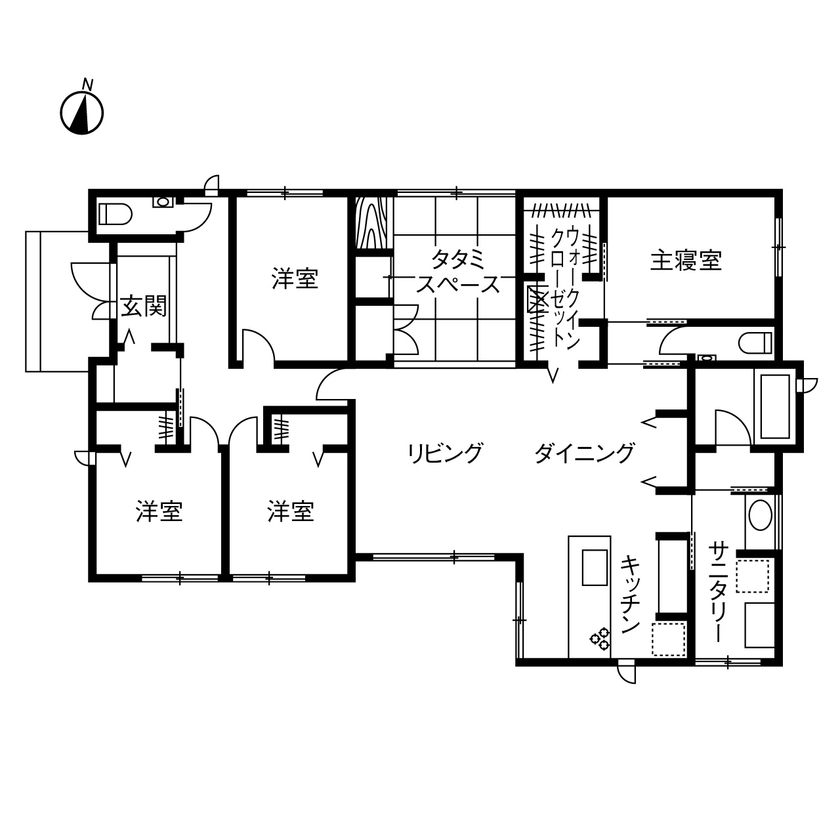 ダイワハウス 【39坪/夫婦＋子ども1人/間取り図あり】　松林を望むリゾート感に満ちた平屋の家　写真9点掲載の間取り図（4LDK）１階