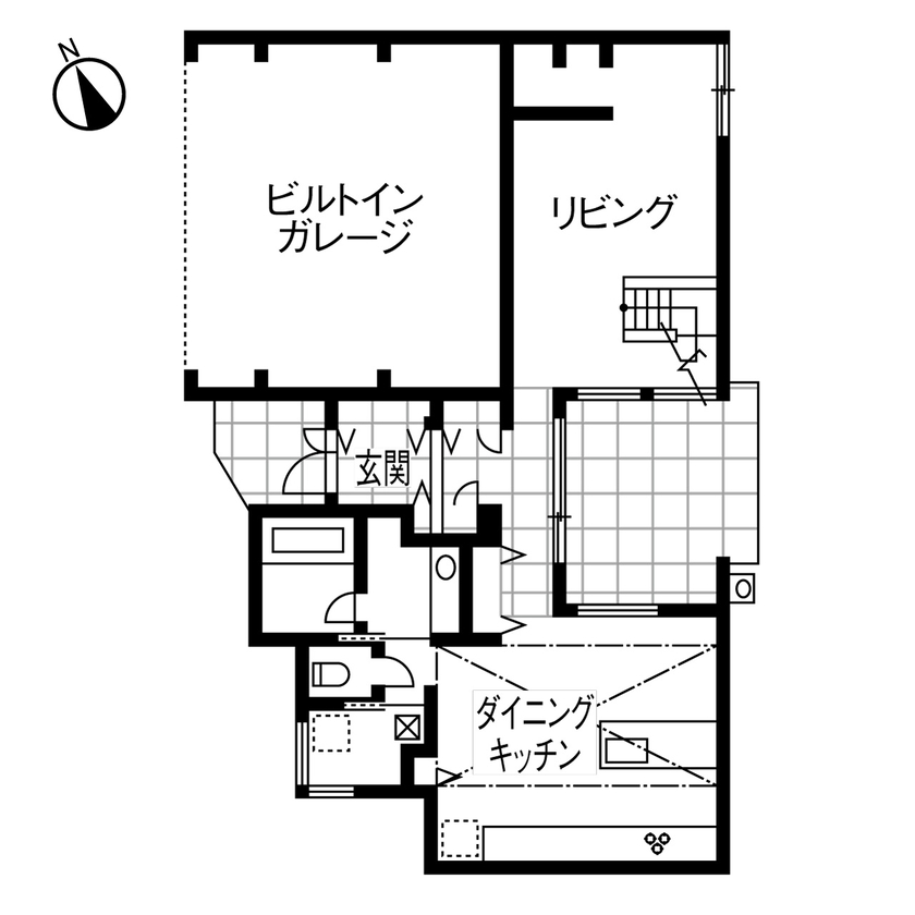 ダイワハウス 【59坪/夫婦＋子ども2人/間取り図あり】光あふれる中庭に視線が集う家　写真10点掲載の間取り図（3LDK）1階