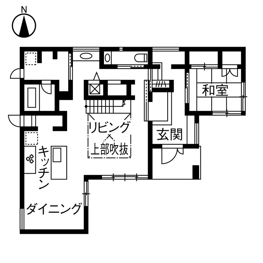 ダイワハウス 【49坪/夫婦+子ども2人/間取り図あり】ブラックの回廊が吹き抜けを囲うギャラリーのような家　写真10点掲載の間取り図（5K以上）1階