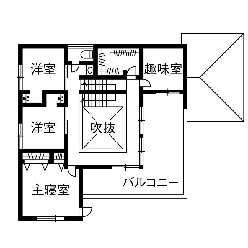 ダイワハウス 【49坪/夫婦+子ども2人/間取り図あり】ブラックの回廊が吹き抜けを囲うギャラリーのような家　写真10点掲載の間取り図（5K以上）2階