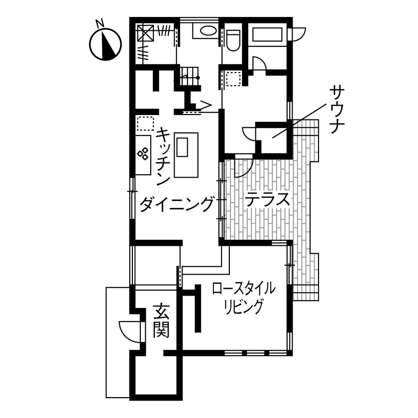 ダイワハウス 【47坪/夫婦＋子ども１人/間取り図あり】サウナで「ととのう」おうち時間を愉しむ暮らし　写真10点掲載の間取り図（2LDK）1階