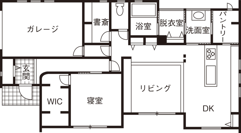 アルネットホーム 【間取り有】主役はお気に入りのキッチン　夫婦二人にちょうどいい平屋の間取り図（2LDK+ビルトインガレージ）1階