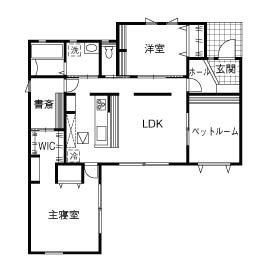 アルネットホーム 【間取り有】広い庭を囲むようにL字型に平屋をデザイン。ペットとの暮らしを楽しむ住まいの間取り図（4LDK+ペットルーム）1階