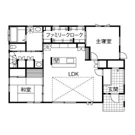 アルネットホーム 【間取り有】「デッキや庭で仲間とBBQ!」平屋風2階建てを実現し、自然を感じながら愛猫との暮らしを楽しむの間取り図（4LDK）1階