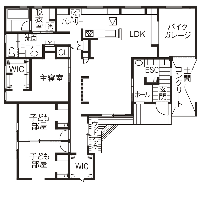 アルネットホーム 【間取図有】念願のバイクガレージを実現し、自然素材に包まれた空間に家族が集う平屋の間取り図（3LDK）1階