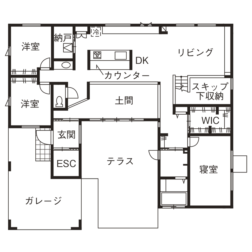 アルネットホーム 【間取図有】家で思い切りアウトドア気分を満喫！遊び心溢れる土間やテラスを楽しむ平屋の間取り図（3LDK）1階