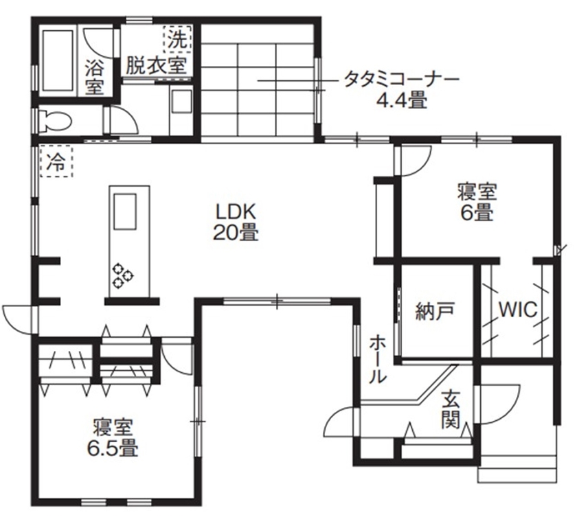 アルネットホーム 【間取り有】2つの庭を持つ開放的なコの字型の平屋。愛猫とのんびり過ごす日々の間取り図（2LDK）1階