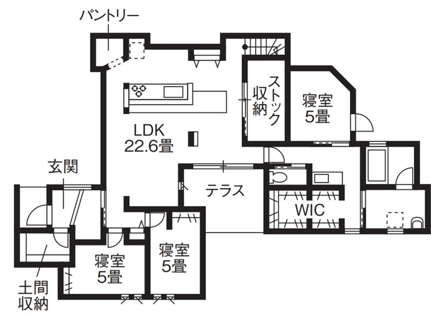 アルネットホーム 【間取り有】平屋＋スキップフロアの1.5階建ての家。子どもに目が届く安心立体空間の間取り図（3LDK+ロフト）1階