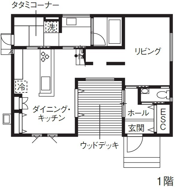 アルネットホーム 【間取り有】ウッドデッキで繋がるコの字型ホワイトハウスの間取り図（4LDK）1階