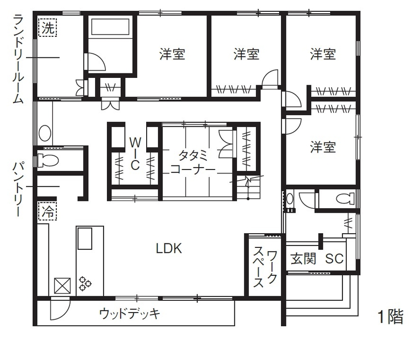 アルネットホーム 【間取り有】家族が自然とリビングに集まる平屋＋ロフトの家の間取り図（4LDK）1階
