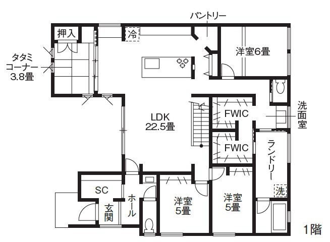 アルネットホーム 【間取り有】優しい光が射し込む家事楽コの字型平屋の間取り図（3LDK）1階