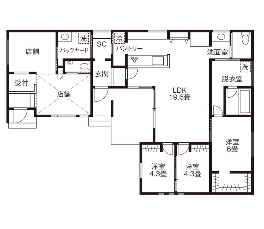 アルネットホーム 【間取り有】フルオーダーで自分たちらしく 想いを叶えた店舗併用の平屋の間取り図（3LDK）1階