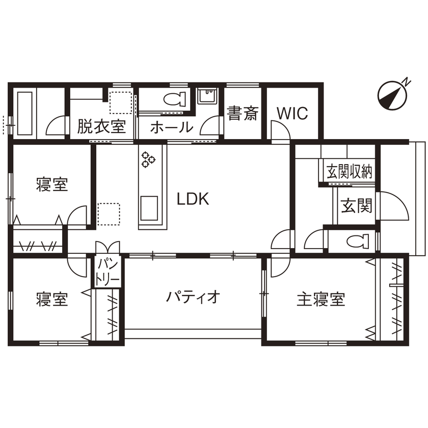 イデキョウホーム(富士市/富士宮市/沼津市) 【間取り有/2000万円台前半/平屋】LDKと水回りの回遊動線が便利！プライバシー確保されたパティオのある家の間取り図（3LDK＋パティオ）1階