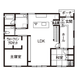 三昭堂 【岐阜県/平屋/間取り図】片流れの屋根デザイン。勾配を活かした小屋裏スペース。吹き抜け感のある平屋実例の間取り図（2LDK）1階