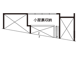 三昭堂 【岐阜県/平屋/間取り図】片流れの屋根デザイン。勾配を活かした小屋裏スペース。吹き抜け感のある平屋実例の間取り図（2LDK）小屋裏収納