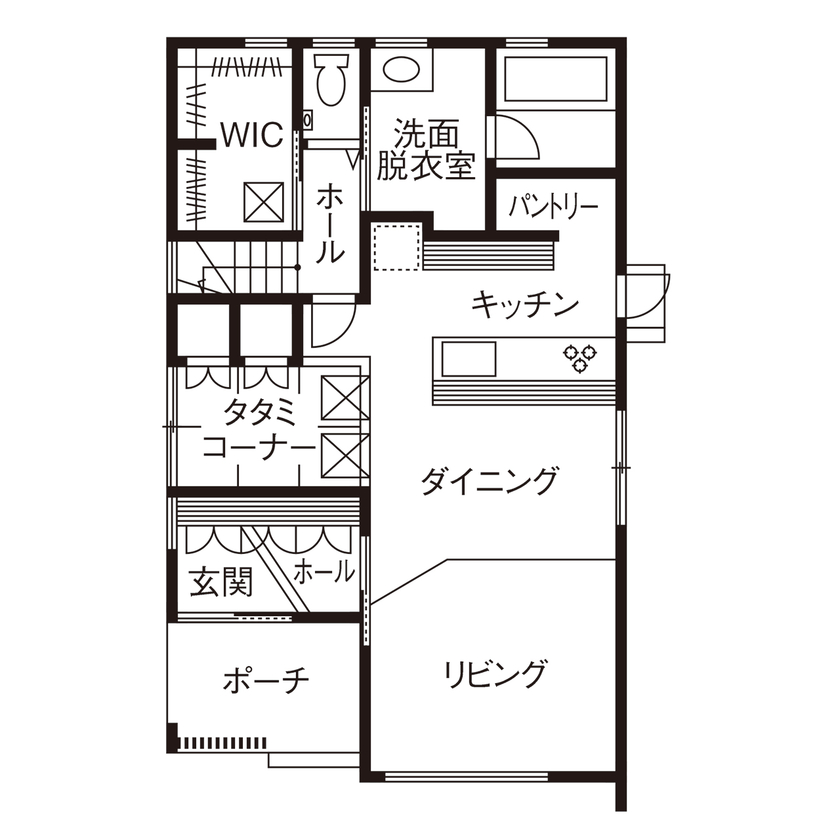 三昭堂 【愛知県/間取り図】吹き抜けではなく高天井を採用。ダウンフロアで空間の広がりをプラスしたZEH住宅の間取り図（3LDK）1階