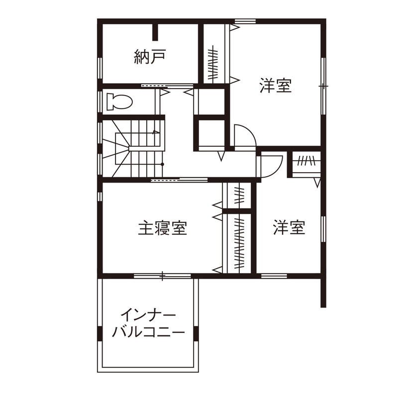 三昭堂 【愛知県/間取り図】吹き抜けではなく高天井を採用。ダウンフロアで空間の広がりをプラスしたZEH住宅の間取り図（3LDK）2階