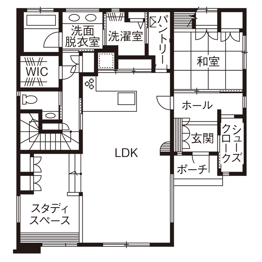 三昭堂 【愛知県/間取り図】LDKにスタディスペースを設けた、子ども4人の6人家族がお互いを感じるおしゃれな実例の間取り図（5K以上）1階