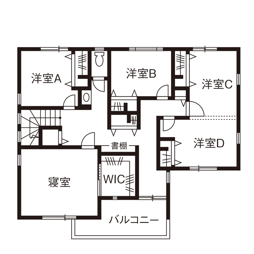 三昭堂 【愛知県/間取り図】LDKにスタディスペースを設けた、子ども4人の6人家族がお互いを感じるおしゃれな実例の間取り図（5K以上）2階