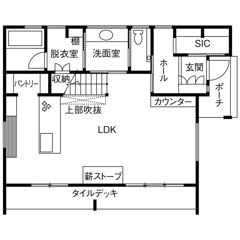三昭堂 【一宮市/2000万円台/間取り図】薪ストーブで日常に安らぎを。本格キッチンで料理も捗るおしゃれな2階建ての間取り図（3LDK）1階