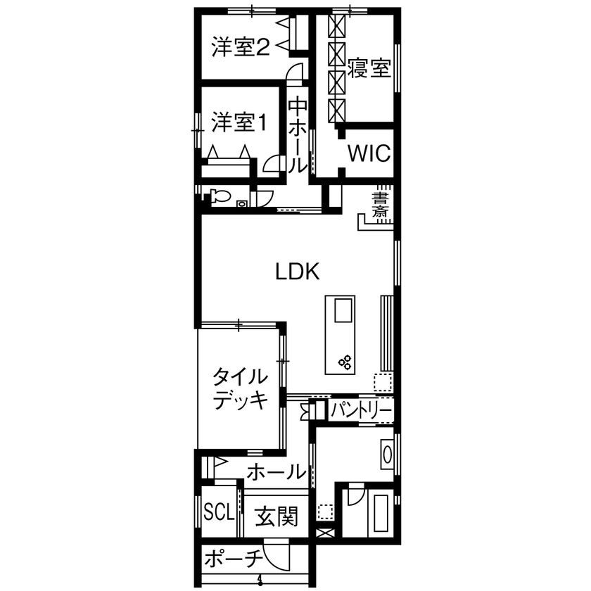 三昭堂 【岐阜市/平屋/間取り図/狭小間口】外に閉じ内に開くコの字型。南北に細長い土地でも家中陽光でいっぱい！の間取り図（3LDK）1階