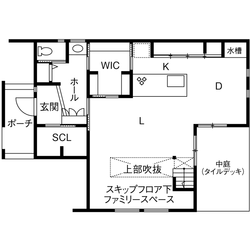 三昭堂 【北名古屋市/間取り図/2000万円台】スキップフロアで立体的な空間をデザイン。家族の居場所満載の家の間取り図（3LDK）1階