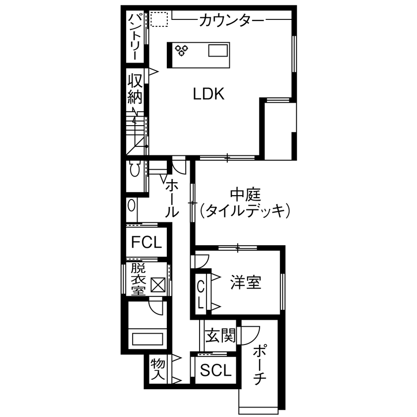 三昭堂 【稲沢市/20代/コの字型/ペット】感性に働きかける展示場を参考に、20代で建てたCool Designの半平屋の間取り図（4LDK）1階