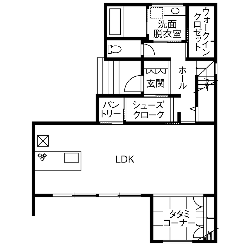 三昭堂 【稲沢市/快適動線/タタミコーナー】四角が重なるモダンな住まいの間取り図（3LDK）1階