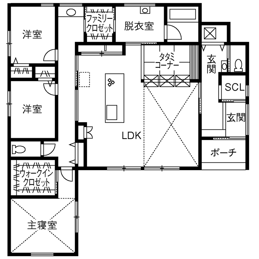 三昭堂 【津島市/L字型/キャットウォーク】愛猫と暮らす開放的でスタイリッシュな平屋の間取り図（3LDK）1階