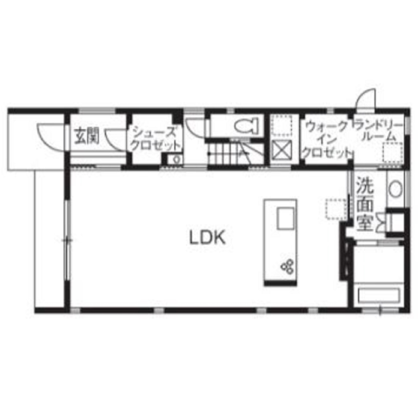 ビクトリーホーム 【2000万円台/36.8坪/土地探し/間取り図】家事楽な回遊動線に子どもがのびのびと過ごせる広いリビングの家の間取り図（2LDK）1階
