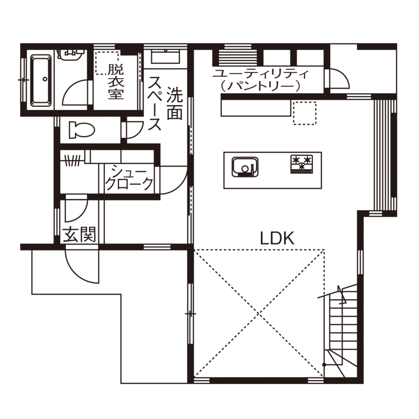 ビクトリーホーム 【秦野市/2499万円/吹き抜け/充実収納/間取り図】生活感のない、非日常感のあるラグジュアリーな注文住宅の間取り図（2LDK）1階