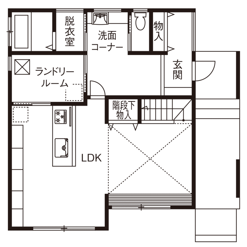 ビクトリーホーム 【2465万円/吹き抜け/耐震等級3/間取り図】共働きを支える動線とリラックスできる空間の個性ひかる注文住宅の間取り図（2LDK）1階