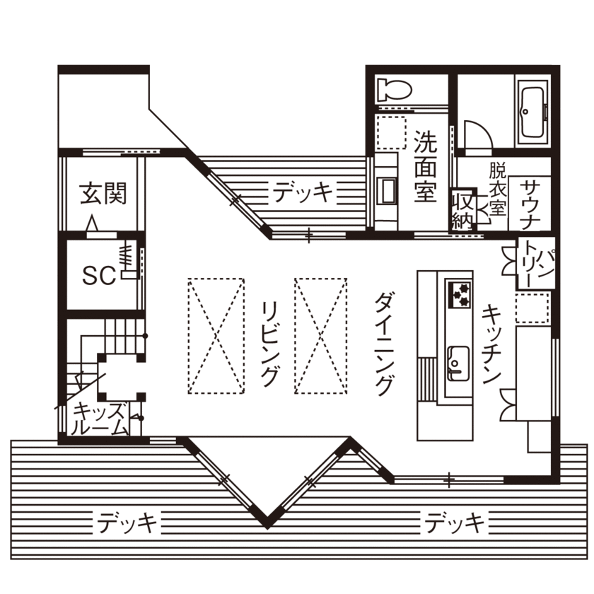 ビクトリーホーム 【サウナ/4000万円台/吹き抜け/スキップフロア/間取り図】性能もデザイン性にもこだわった高台にある家の間取り図（4LDK）1階