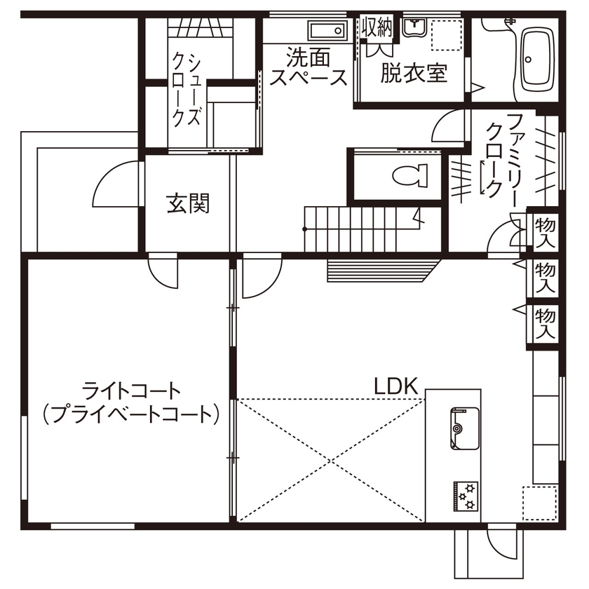 ビクトリーホーム 【3000万円台/吹き抜け/ホテルライク/間取り図】プライベート×ラグジュアリーが実現したライトコートの家の間取り図（3LDK）1階