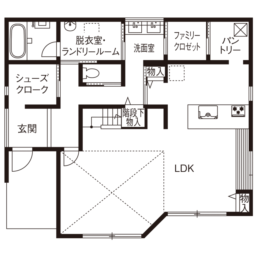 ビクトリーホーム 【3000万円台/吹き抜け/間取り図】外とフラットに繋がるリビングで視線を気にせず子どもとのびのび暮らす家の間取り図（2LDK）1階